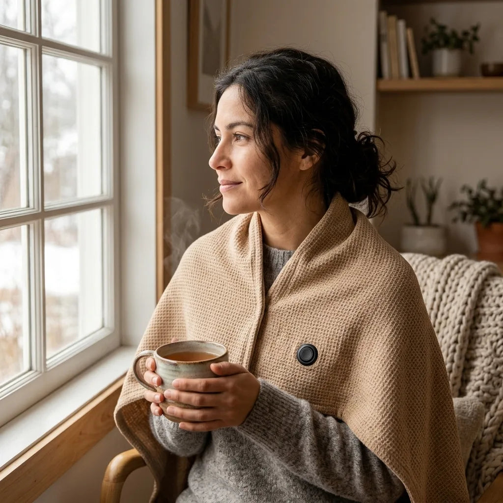 Mujer usando la capa térmica junto a la ventana en invierno